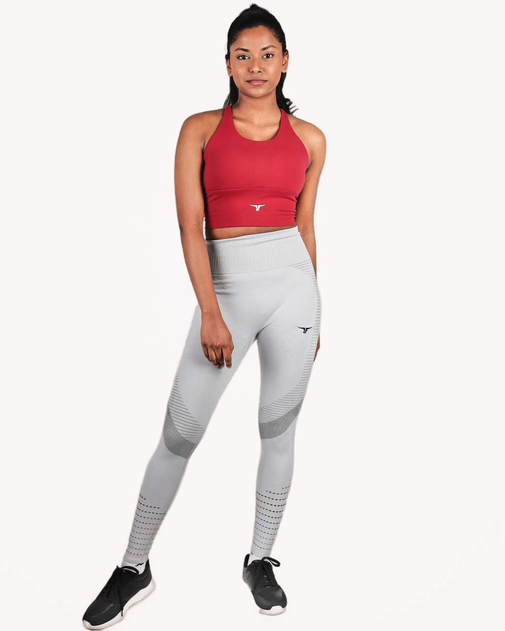 THUGFIT Long Line Sports Bra & High Waist Workout Legging Combo for Women (  Red & Grey)